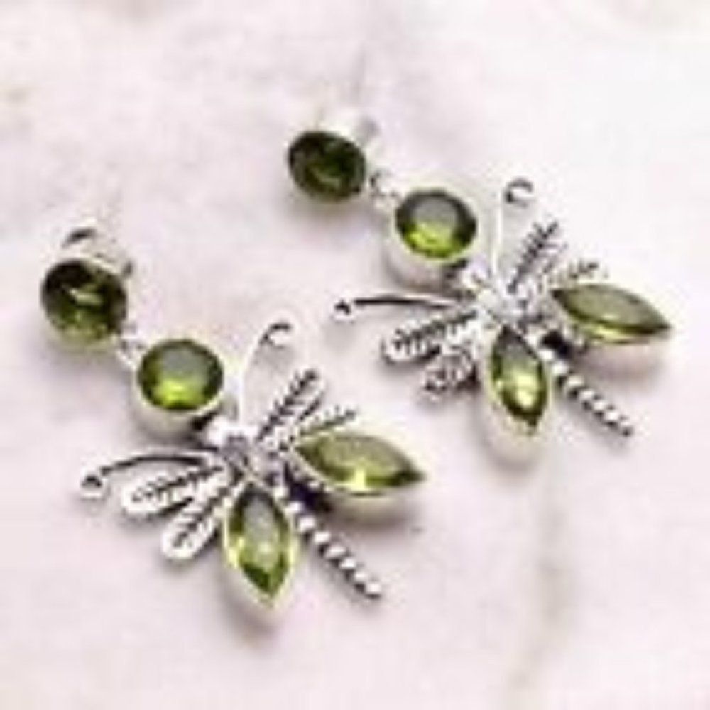 Womens Peridot Dangle Dragonfly Earrings